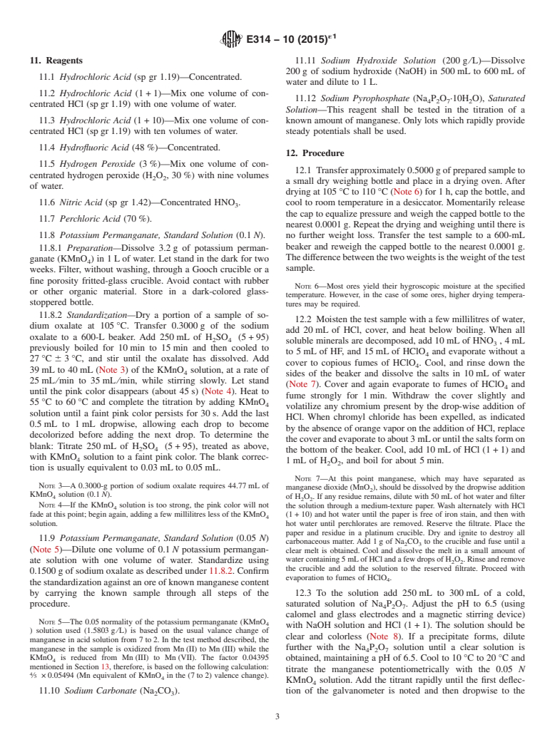 ASTM E314-10(2015)e1 - Standard Test Methods for  Determination of Manganese in Iron Ores by Pyrophosphate (Potentiometric)  and Periodate (Spectrophotometric) Techniques