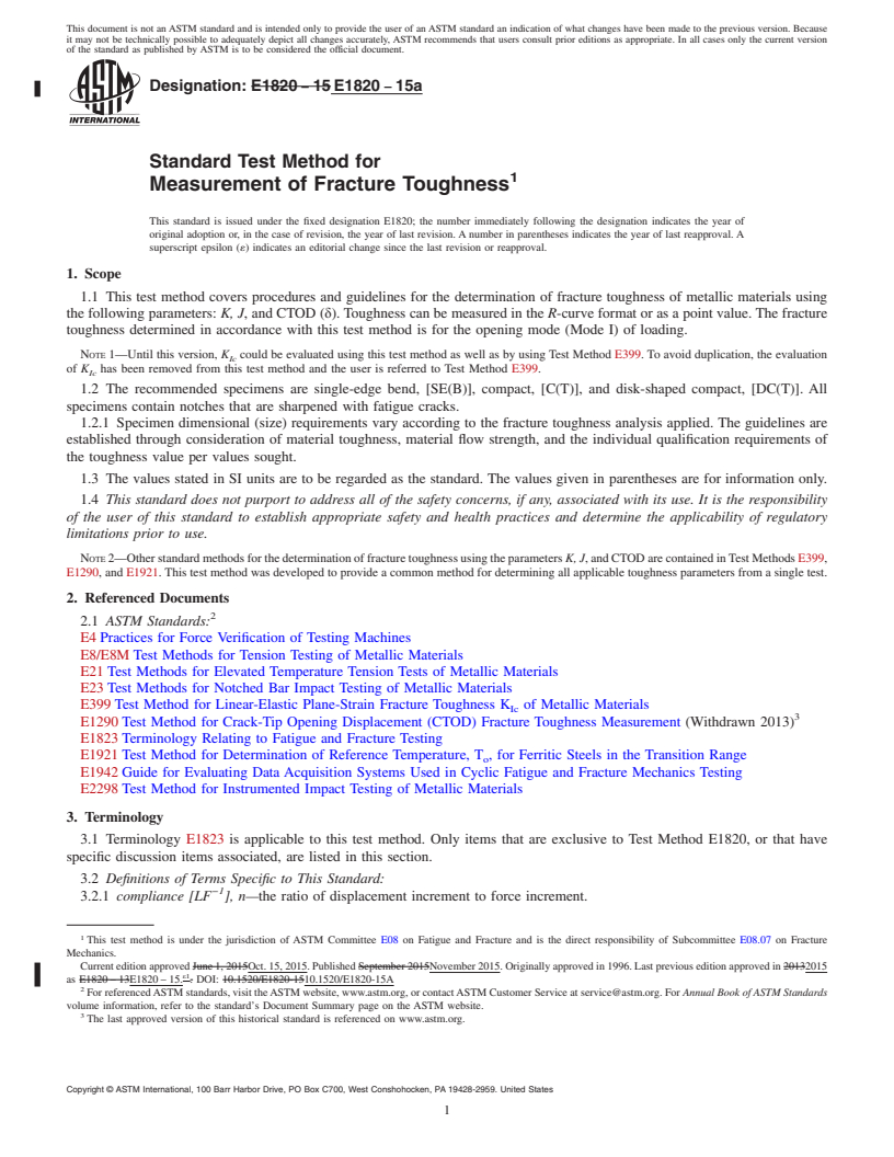REDLINE ASTM E1820-15a - Standard Test Method for  Measurement of Fracture Toughness
