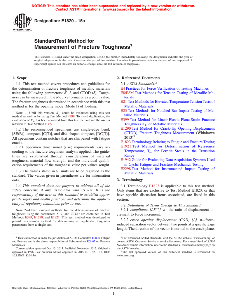 ASTM E1820-15a - Standard Test Method for  Measurement of Fracture Toughness