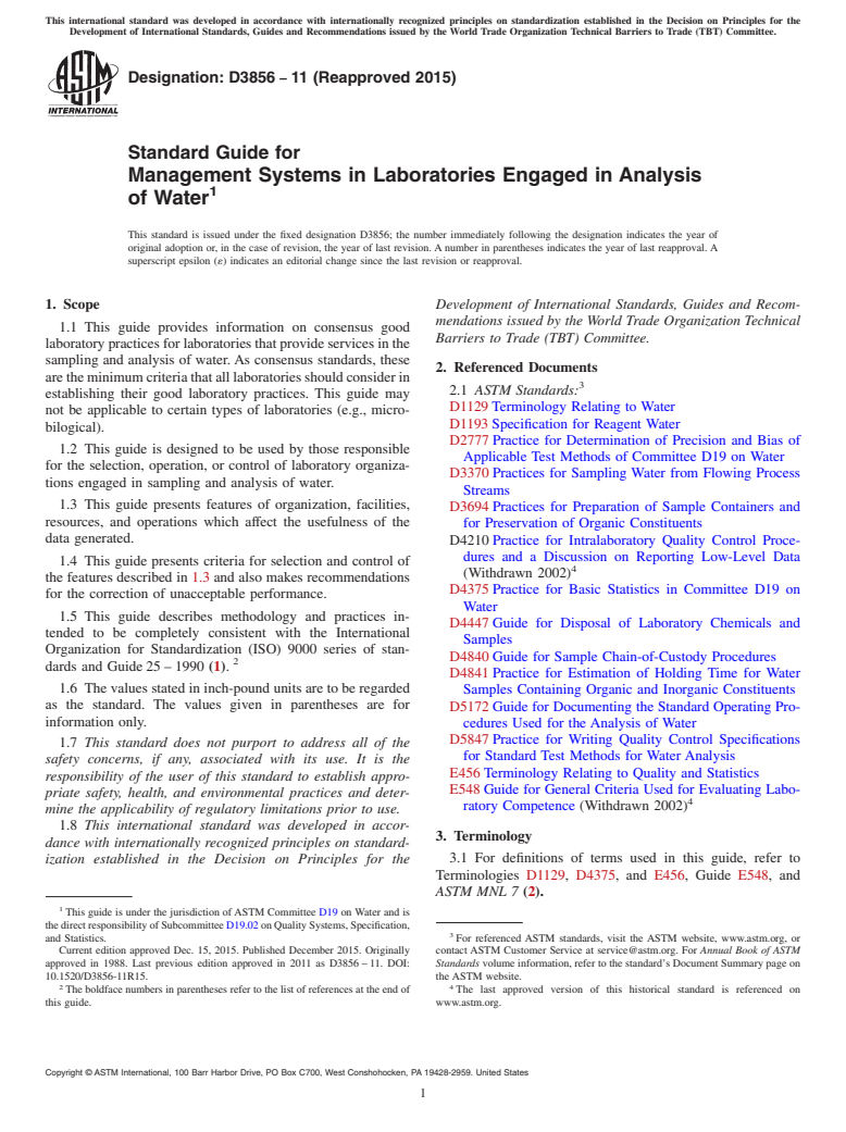 ASTM D3856-11(2015) - Standard Guide for  Management Systems in Laboratories Engaged in Analysis of Water