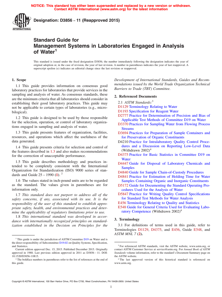 ASTM D3856-11(2015) - Standard Guide for  Management Systems in Laboratories Engaged in Analysis of Water (Withdrawn 2024)