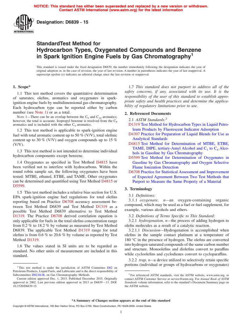 ASTM D6839-15 - Standard Test Method for  Hydrocarbon Types, Oxygenated Compounds and Benzene in Spark   Ignition Engine Fuels by Gas Chromatography