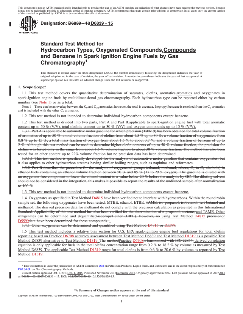 REDLINE ASTM D6839-15 - Standard Test Method for  Hydrocarbon Types, Oxygenated Compounds and Benzene in Spark   Ignition Engine Fuels by Gas Chromatography