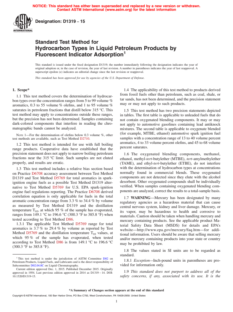 ASTM D1319-15 - Standard Test Method for Hydrocarbon Types in Liquid Petroleum Products by Fluorescent   Indicator Adsorption