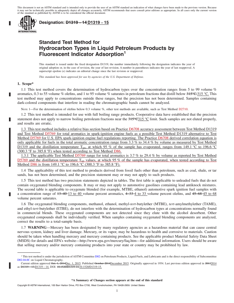 REDLINE ASTM D1319-15 - Standard Test Method for Hydrocarbon Types in Liquid Petroleum Products by Fluorescent   Indicator Adsorption