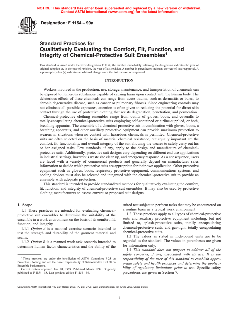 ASTM F1154-99a - Standard Practices for Qualitatively Evaluating the Comfort, Fit, Function, and Integrity of Chemical-Protective Suit Ensembles