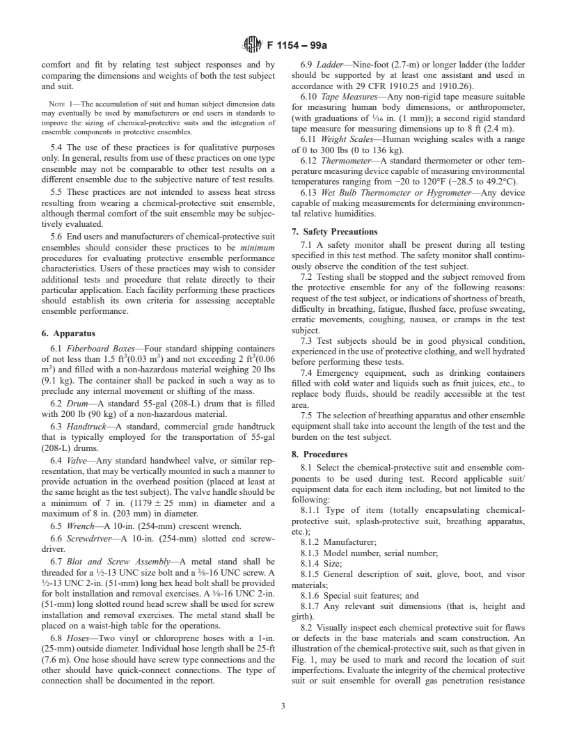 ASTM F1154-99a - Standard Practices for Qualitatively Evaluating the Comfort, Fit, Function, and Integrity of Chemical-Protective Suit Ensembles