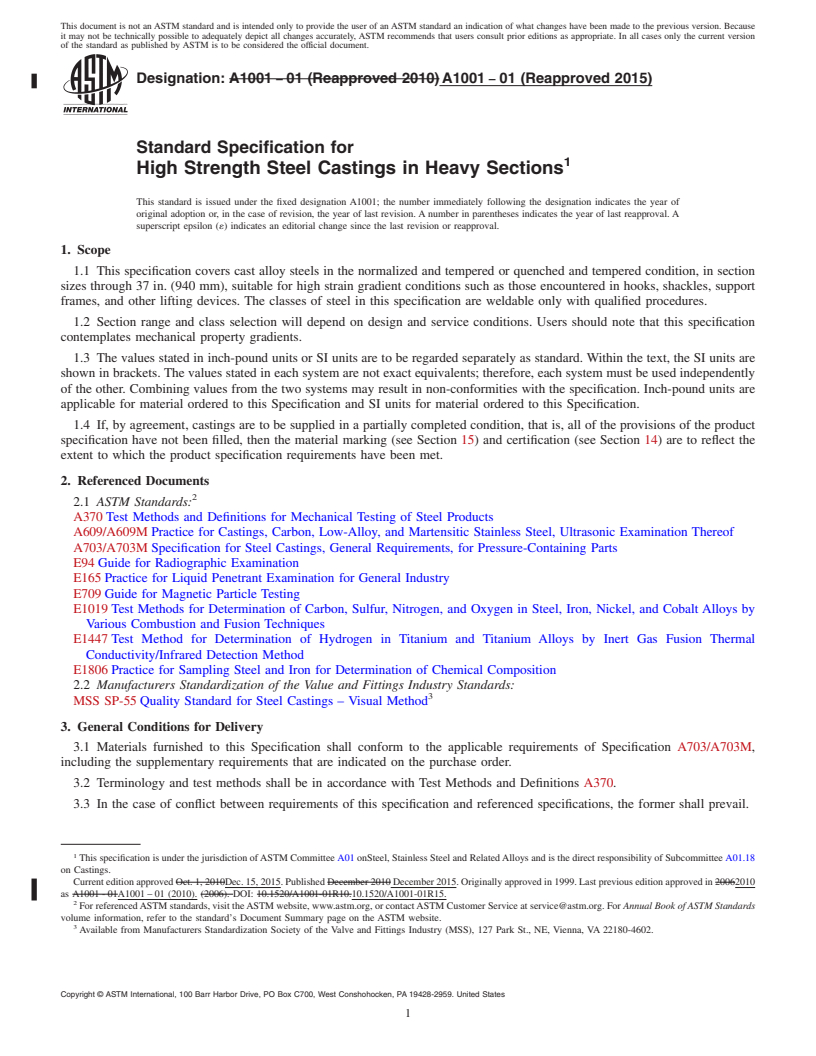 REDLINE ASTM A1001-01(2015) - Standard Specification for  High Strength Steel Castings in Heavy Sections