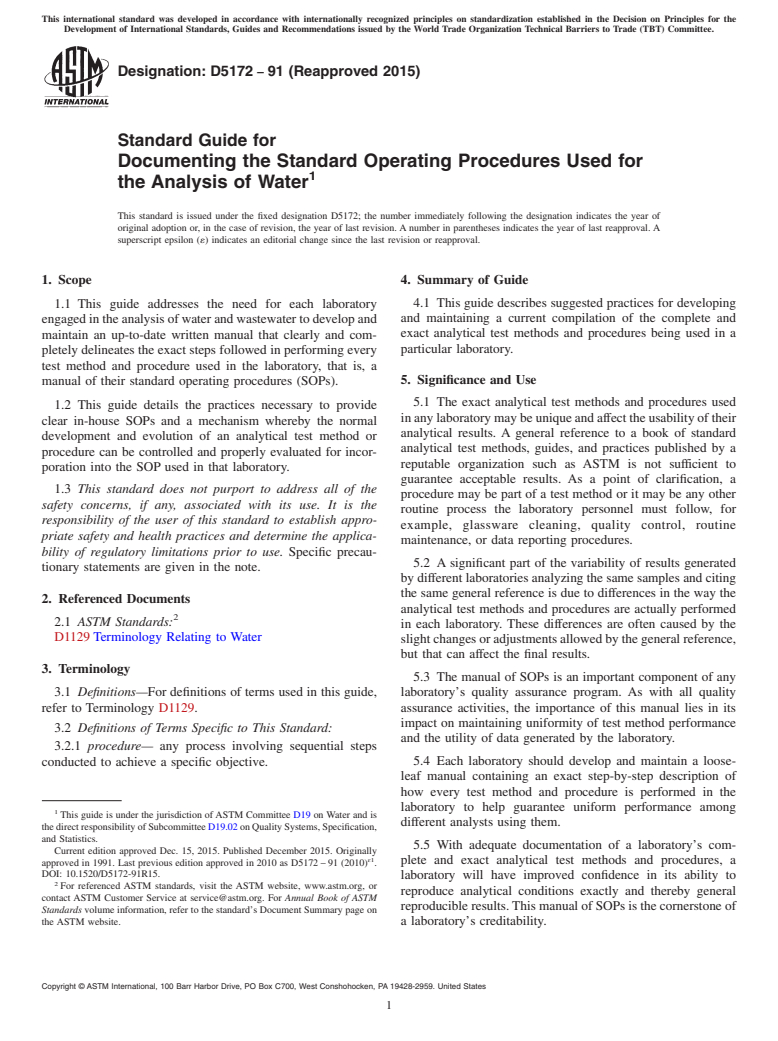 ASTM D5172-91(2015) - Standard Guide for  Documenting the Standard Operating Procedures Used for the   Analysis of Water