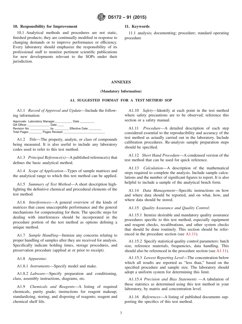 ASTM D5172-91(2015) - Standard Guide for  Documenting the Standard Operating Procedures Used for the   Analysis of Water