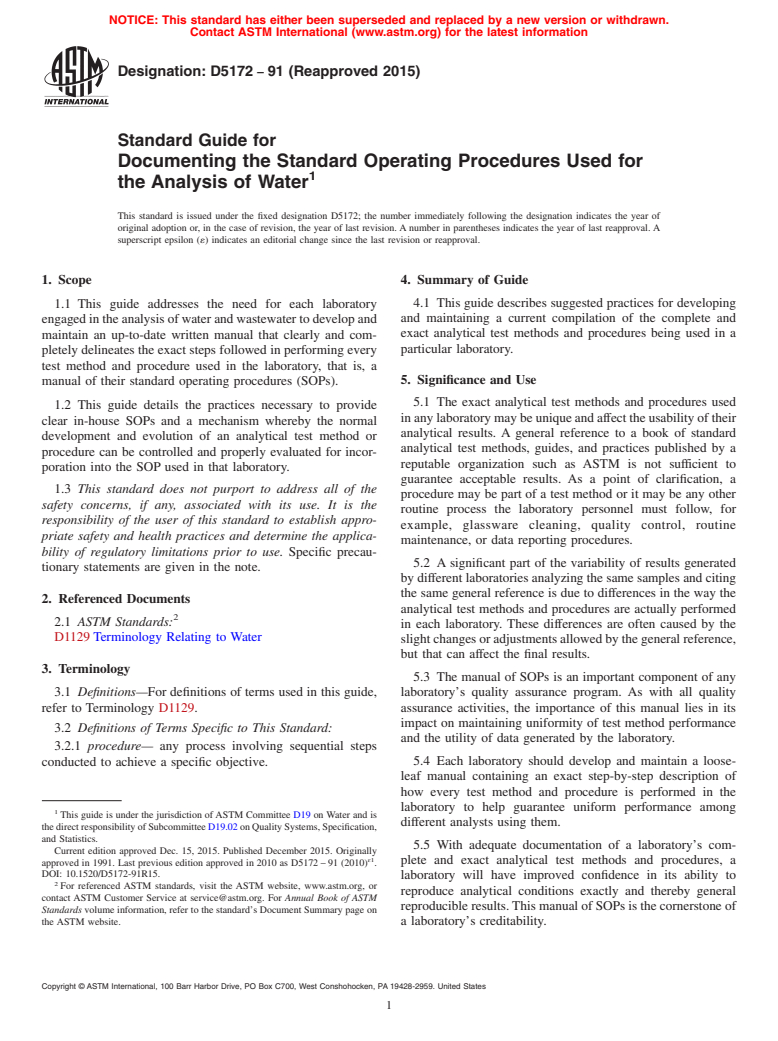 ASTM D5172-91(2015) - Standard Guide for  Documenting the Standard Operating Procedures Used for the   Analysis of Water (Withdrawn 2024)