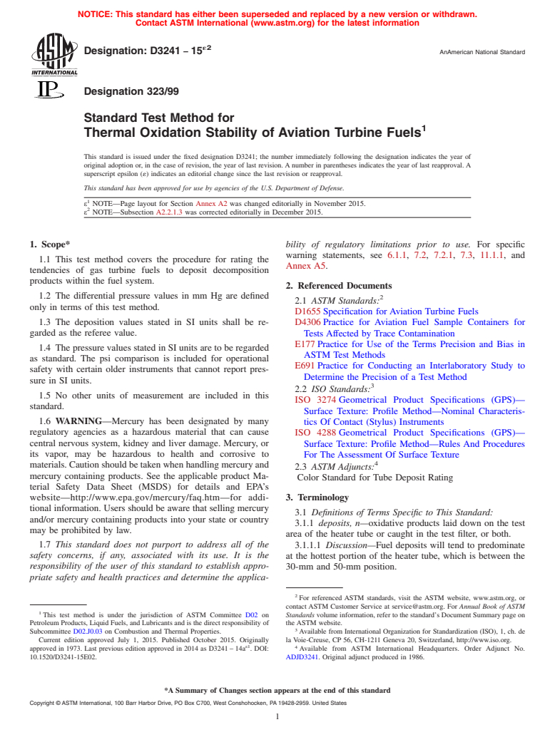 ASTM D3241-15e2 - Standard Test Method for Thermal Oxidation Stability of Aviation Turbine Fuels