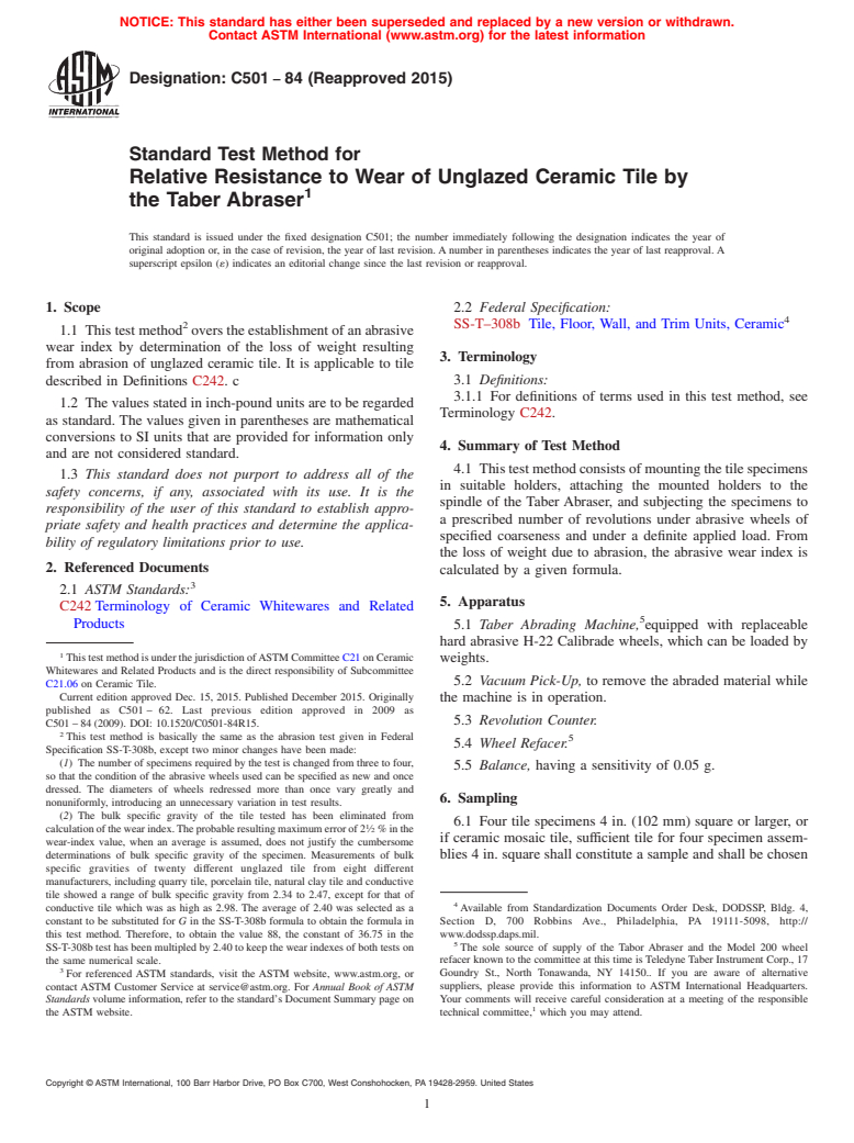 ASTM C501-84(2015) - Standard Test Method for  Relative Resistance to Wear of Unglazed Ceramic Tile by the   Taber Abraser