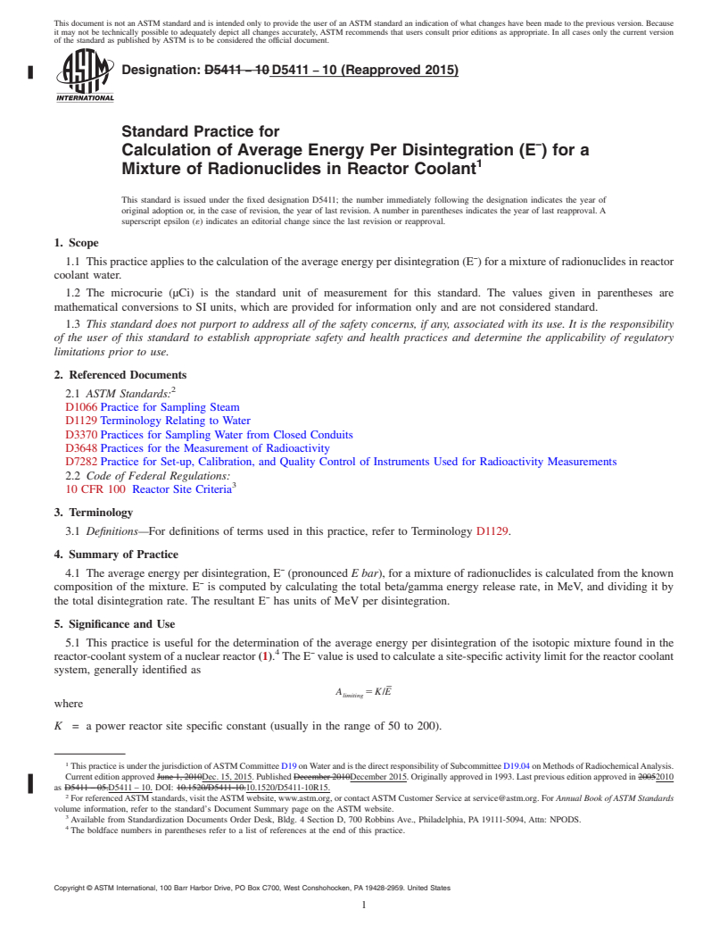 REDLINE ASTM D5411-10(2015) - Standard Practice for  Calculation of Average Energy Per Disintegration (&#xaf;E)   for a Mixture of Radionuclides in Reactor Coolant