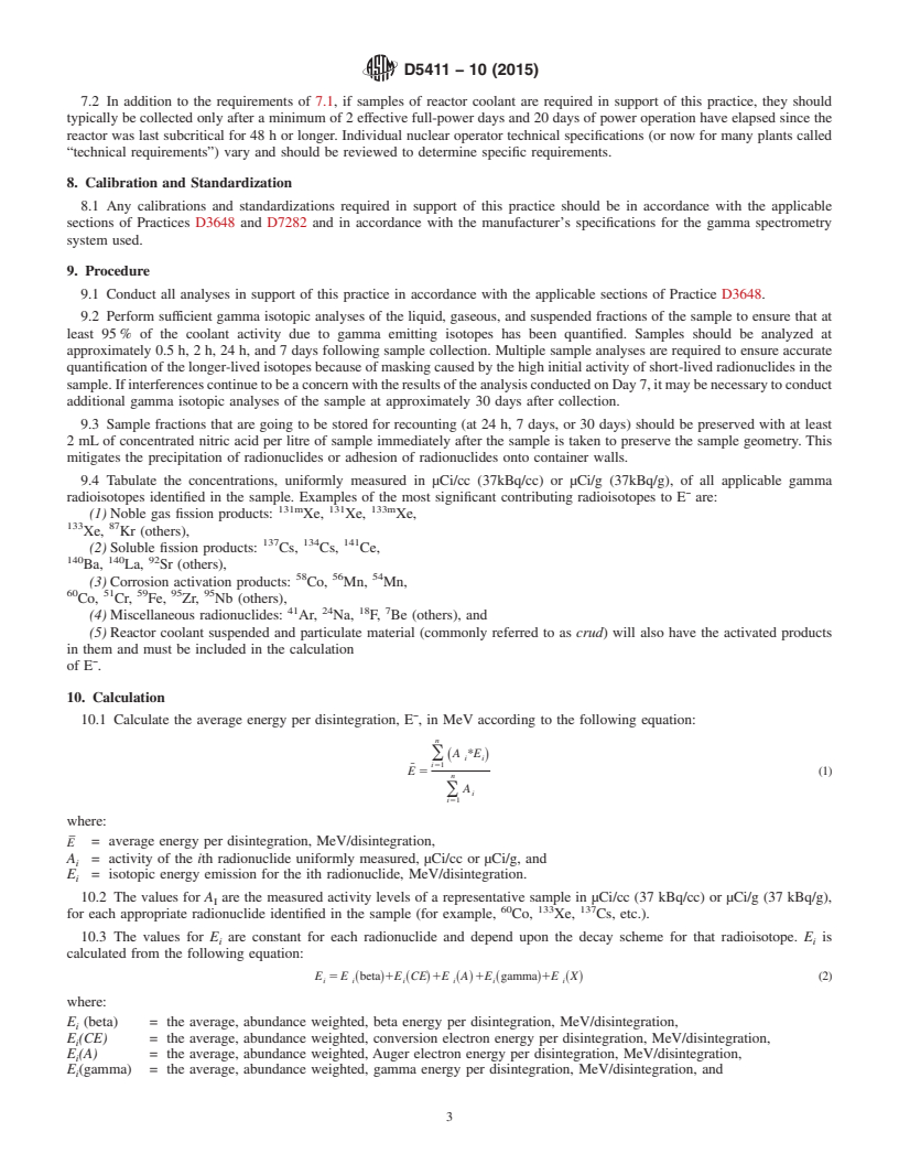 REDLINE ASTM D5411-10(2015) - Standard Practice for  Calculation of Average Energy Per Disintegration (&#xaf;E)   for a Mixture of Radionuclides in Reactor Coolant