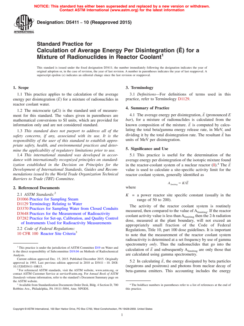 ASTM D5411-10(2015) - Standard Practice for  Calculation of Average Energy Per Disintegration (&#xaf;E)   for a Mixture of Radionuclides in Reactor Coolant