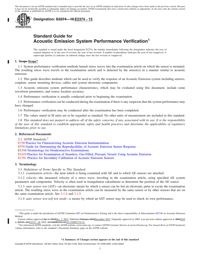 REDLINE ASTM E2374-15 - Standard Guide for  Acoustic Emission System Performance Verification
