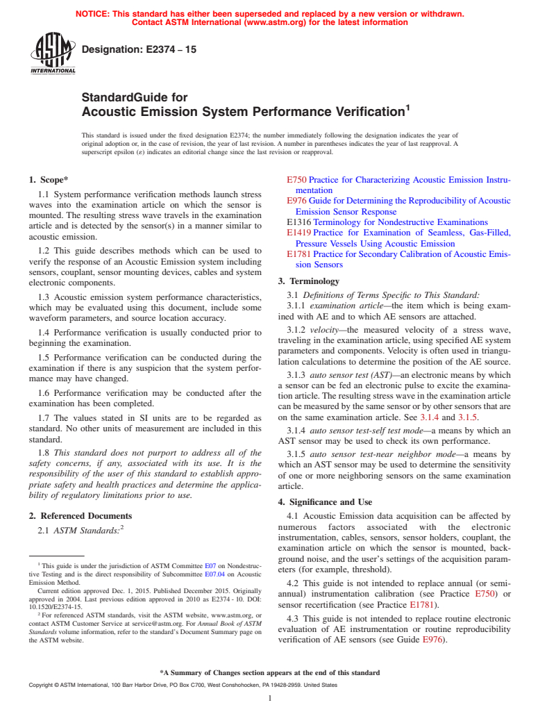 ASTM E2374-15 - Standard Guide for  Acoustic Emission System Performance Verification