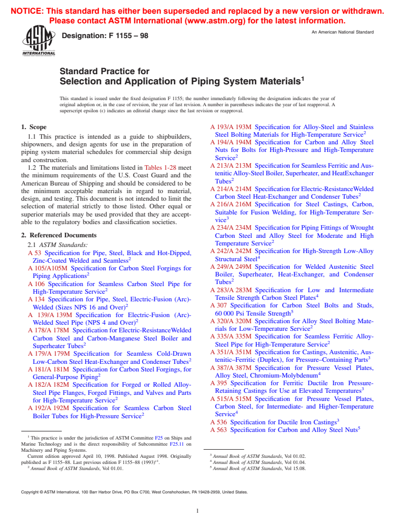 ASTM F1155-98 - Standard Practice for Selection and Application of Piping System Materials