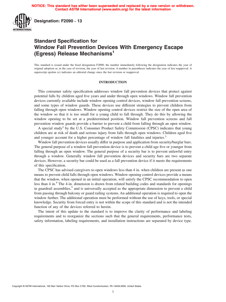 ASTM F2090-13 - Standard Specification for  Window Fall Prevention Devices With Emergency Escape (Egress)  Release Mechanisms