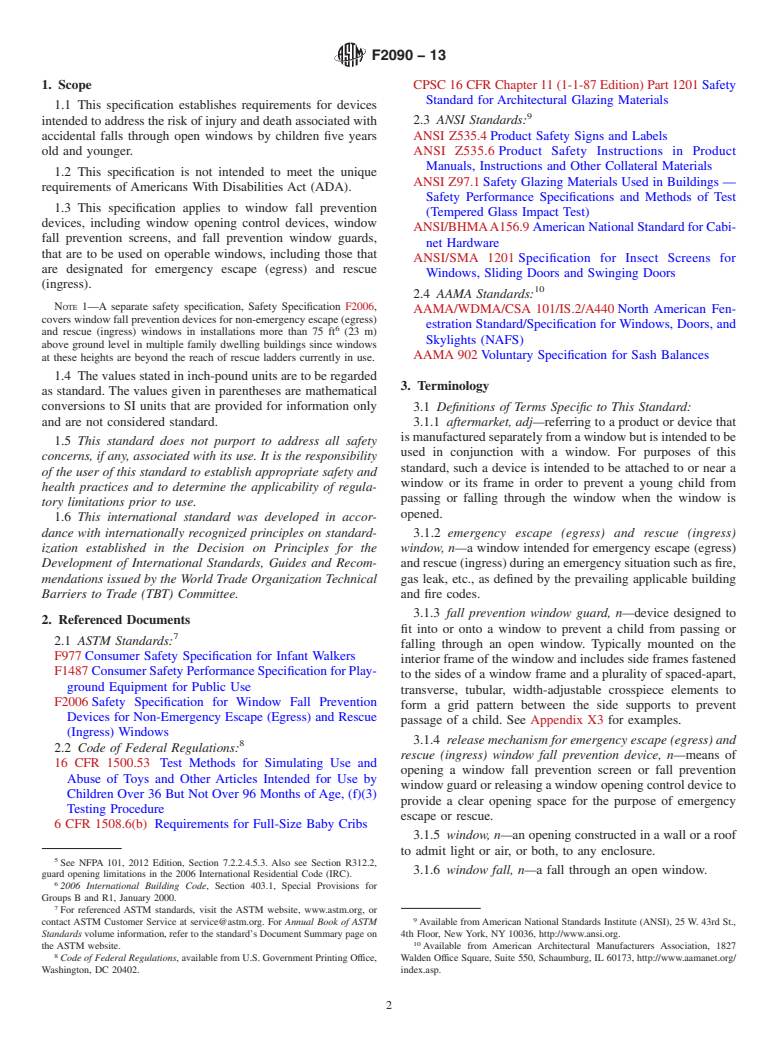 ASTM F2090-13 - Standard Specification for  Window Fall Prevention Devices With Emergency Escape (Egress)  Release Mechanisms