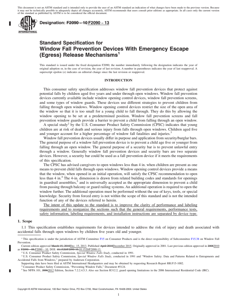 REDLINE ASTM F2090-13 - Standard Specification for  Window Fall Prevention Devices With Emergency Escape (Egress)  Release Mechanisms