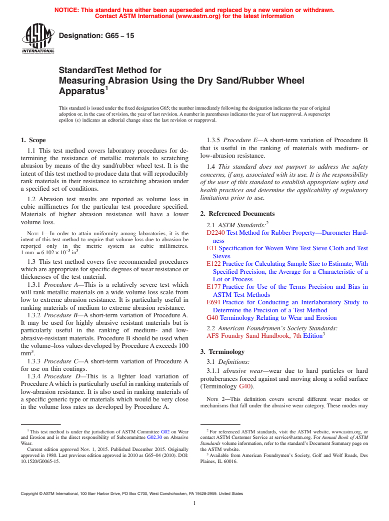 ASTM G65-15 - Standard Test Method for Measuring Abrasion Using the Dry Sand/Rubber Wheel Apparatus