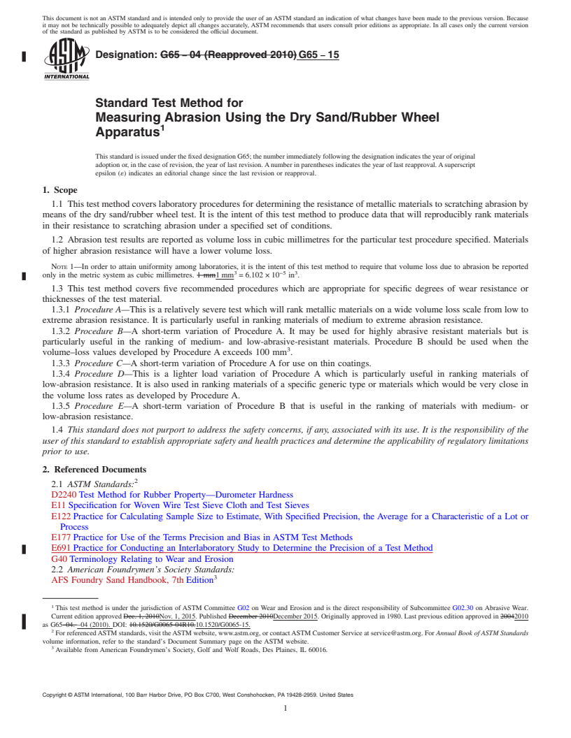 REDLINE ASTM G65-15 - Standard Test Method for Measuring Abrasion Using the Dry Sand/Rubber Wheel Apparatus