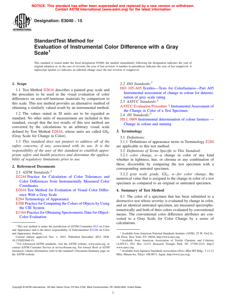 ASTM E3040-15 - Standard Test Method for Evaluation of Instrumental Color Difference with a Gray Scale