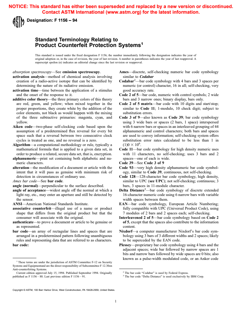 ASTM F1156-94 - Terminology Relating to Product Counterfeit Protection Systems (Withdrawn 2001)