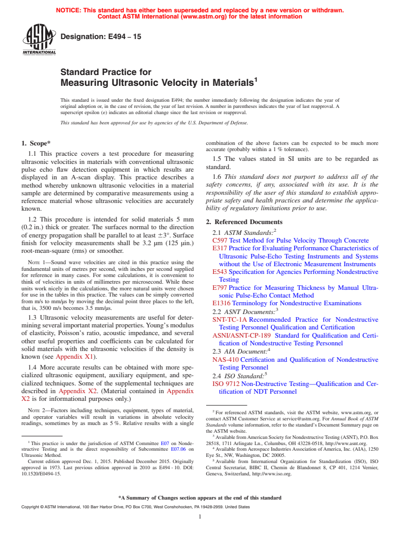 ASTM E494-15 - Standard Practice for  Measuring Ultrasonic Velocity in Materials