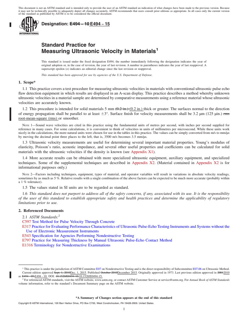 REDLINE ASTM E494-15 - Standard Practice for  Measuring Ultrasonic Velocity in Materials