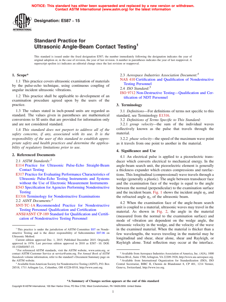 ASTM E587-15 - Standard Practice for  Ultrasonic Angle-Beam Contact Testing