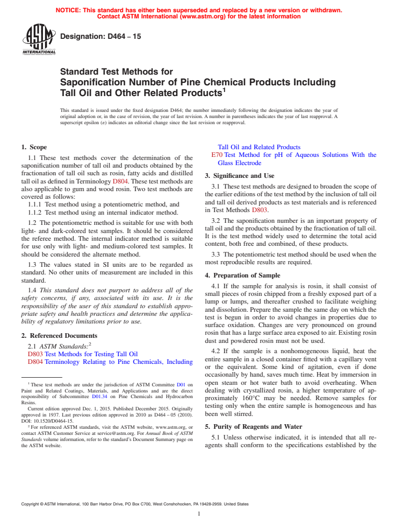 ASTM D464-15 - Standard Test Methods for Saponification Number of Pine Chemical Products Including Tall   Oil and  Other Related Products