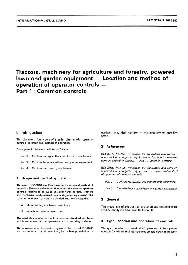 ISO 3789-1:1982 - Tractors, machinery for agriculture and forestry, powered lawn and garden equipment -- Location and method of operation of operator controls