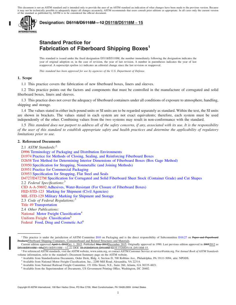 REDLINE ASTM D5118/D5118M-15 - Standard Practice for  Fabrication of Fiberboard Shipping Boxes