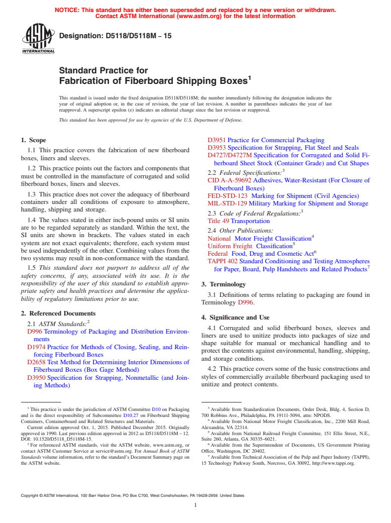 ASTM D5118/D5118M-15 - Standard Practice for  Fabrication of Fiberboard Shipping Boxes