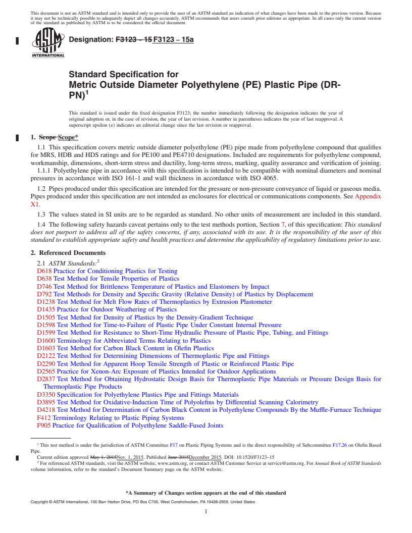 REDLINE ASTM F3123-15a - Standard Specification for Metric Outside Diameter Polyethylene (PE) Plastic Pipe (DR-PN)