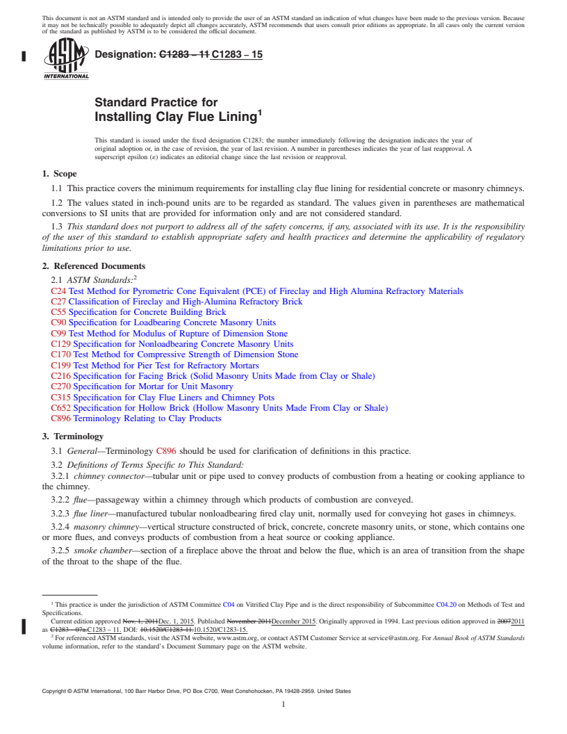 REDLINE ASTM C1283-15 - Standard Practice for Installing Clay Flue Lining