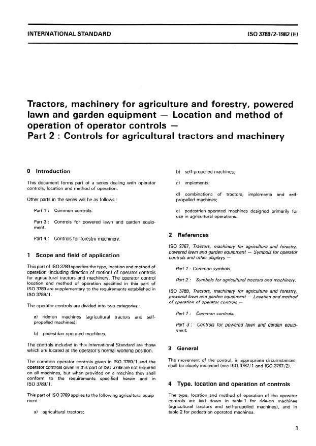 ISO 3789-2:1982 - Tractors, machinery for agriculture and forestry, powered lawn and garden equipment -- Location and method of operation of operator controls