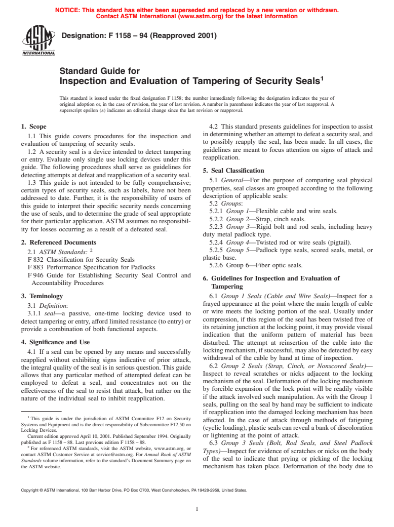 ASTM F1158-94(2001) - Standard Guide for Inspection and Evaluation of Tampering of Security Seals