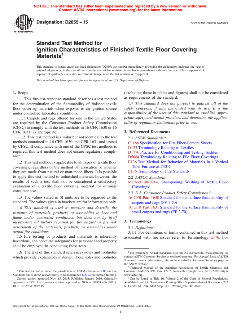 ASTM D2859-15 - Standard Test Method for  Ignition Characteristics of Finished Textile Floor Covering  Materials