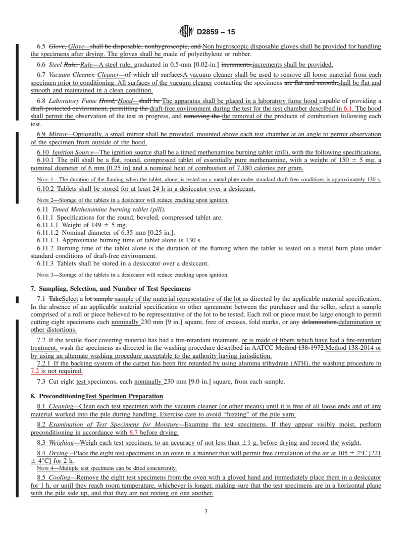 REDLINE ASTM D2859-15 - Standard Test Method for  Ignition Characteristics of Finished Textile Floor Covering  Materials