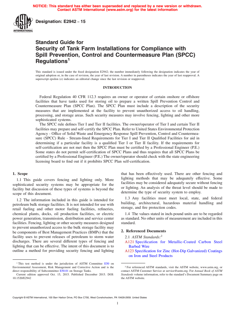 ASTM E2942-15 - Standard Guide for Security of Tank Farm Installations for Compliance with Spill  Prevention, Control  and Countermeasure Plan (SPCC) Regulations