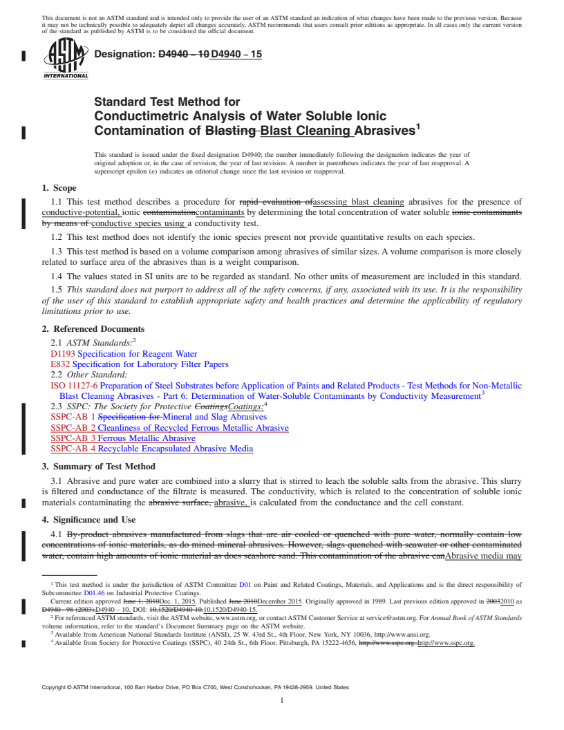 REDLINE ASTM D4940-15 - Standard Test Method for Conductimetric Analysis of Water Soluble Ionic Contamination   of Blast Cleaning Abrasives