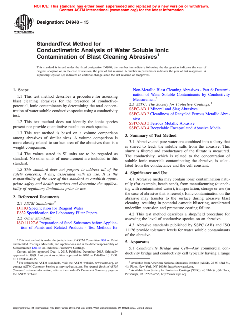 ASTM D4940-15 - Standard Test Method for Conductimetric Analysis of Water Soluble Ionic Contamination   of Blast Cleaning Abrasives