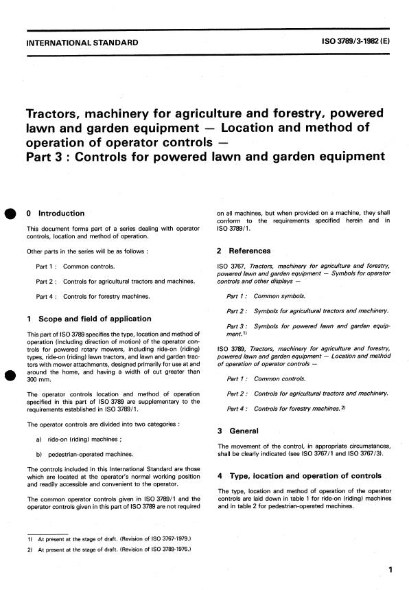 ISO 3789-3:1982 - Tractors, machinery for agriculture and forestry, powered lawn and garden equipment -- Location and method of operation of operator controls