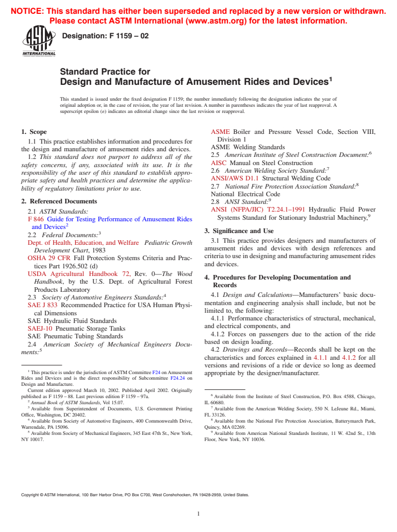 ASTM F1159-02 - Standard Practice for the Design and Manufacture of Amusement Rides and Devices