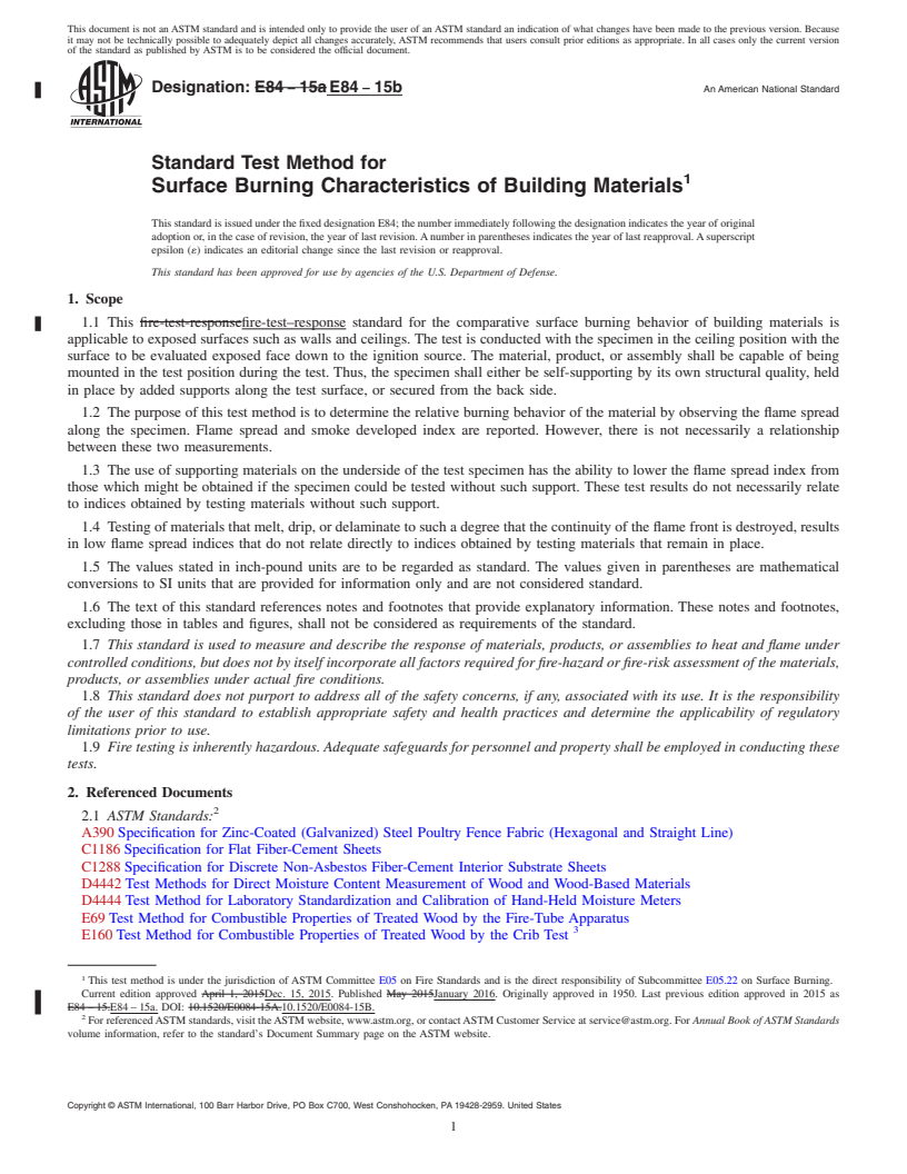 REDLINE ASTM E84-15b - Standard Test Method for  Surface Burning Characteristics of Building Materials