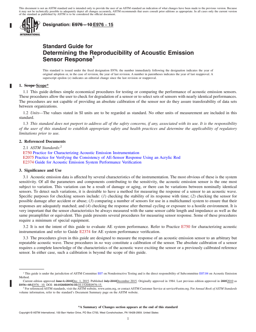 REDLINE ASTM E976-15 - Standard Guide for  Determining the Reproducibility of Acoustic Emission Sensor  Response